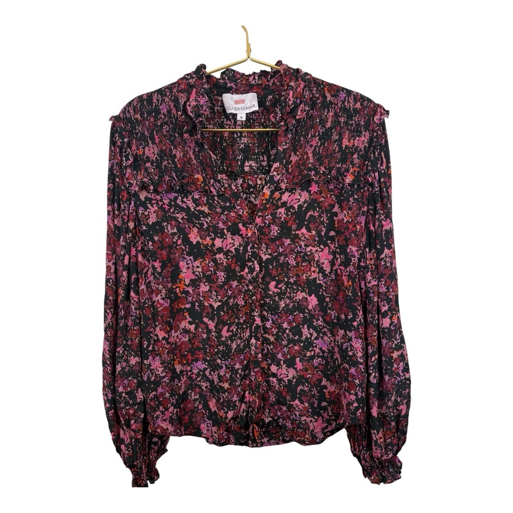 Gilner Farrar Black Red Pink Floral Smocked Long Sleeve Top Size M